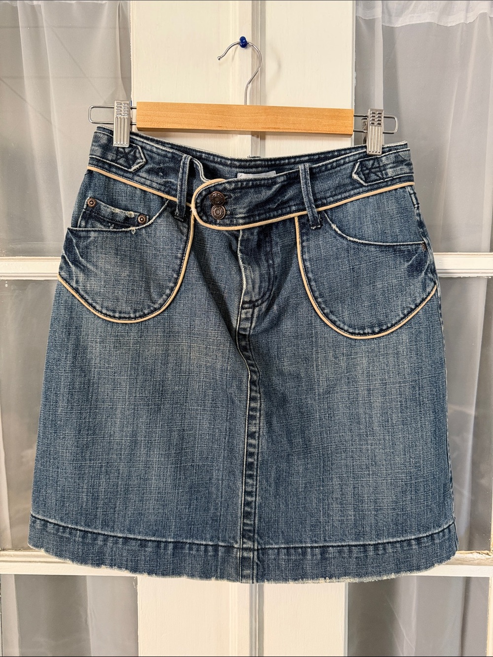 Y2K Old Navy Distressed Denim A-Line Skirt with Contrast Piping Size 2